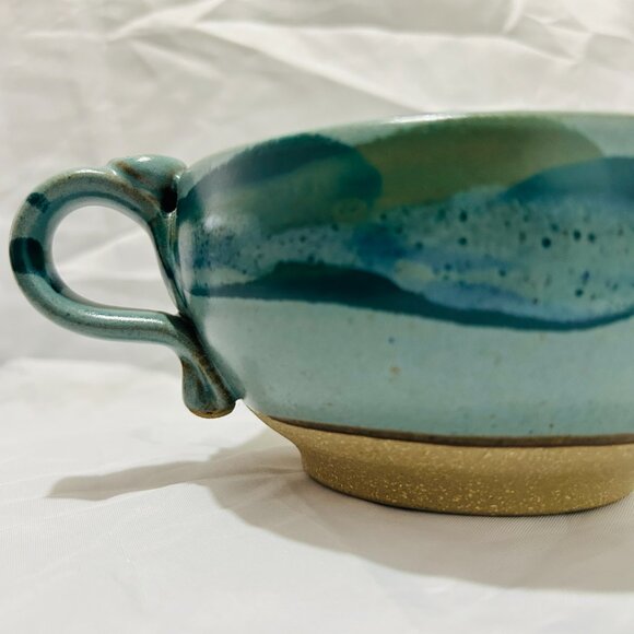 Signed Art Pottery soup mug bowl Teal Blue green glaze Thumb Rest - Picture 12 of 15